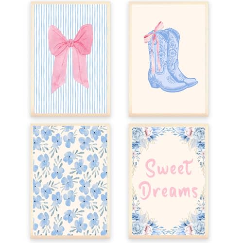 Trendy Preppy Set Of 4 Posters Pink Bow Boots Blue And White Stripes Canvas Wall Art Sweet Dreams Blue Flowers Aesthetic Prints Painting For Home Bedroom Dorm Wall Decor 12x16in Unframed