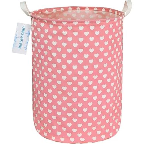 LANGYASHAN Laundry Basket Canvas Fabric Collapsible Organizer Basket for Storage Bin Toy Bins Gift Baskets Bedroom Clothes Children Nursery Hamper (Pink Heart)
