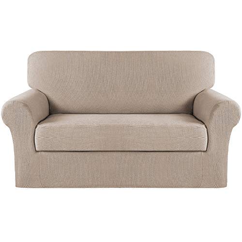 Turquoize Stretch Sofa Slipcover 2 Pieces Sofa Cover Couch Cover for 2 Cushion Couch Washable Furniture Protector Covers with Elastic Bottom Feature Thick Jacquard Fabric (Loveseat, Sand)