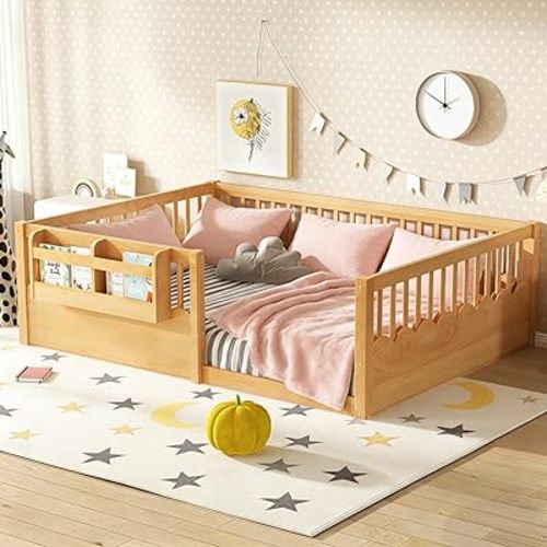 Bellemave Full Size Kids Floor Bed with Heightened Fence and Bookshelf, Wooden Full Montessori Bed Frame for Girls Boys, Natural