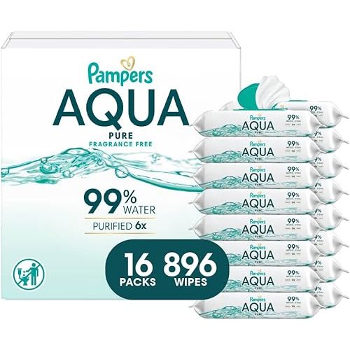 Pampers Aqua Pure Baby Wipes, 99% Water, Fragrance Free, 896 Baby Wipes Total (16X Flip-Top Packs) [Packaging May Vary]