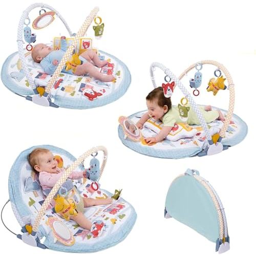 Yookidoo Baby Gym Urban- Lay to Sit-Up Play Mat, 3-in-1 Infant Activity Center with Tummy Time Pillow, Rattle Shoes & Plush Toys for Newborns, 0-12 Months