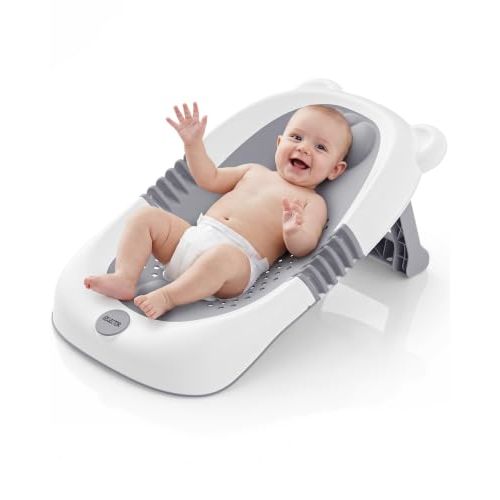 ISELECTOR Foldable Baby Bath Support - Portable Infant Bathtub Seat for Newborn to 6 Months, Compact Travel Baby Bather Fits Most Tubs & Sinks, Baby Essentials & Newborn Gifts (Grey)