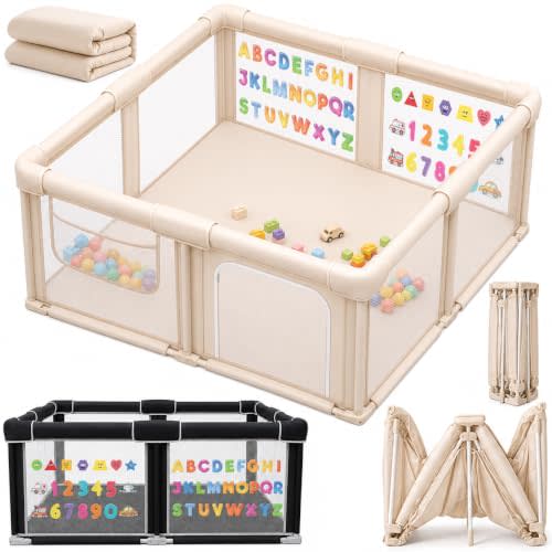 Foldable Baby Playpen 50 x 50 in with Mat, Large Baby Playard Beige | 50 x 50 in play area, foldable steel frame, padded mat, mesh walls, zipper door, storage pocket, floor-grip feet, carry bag