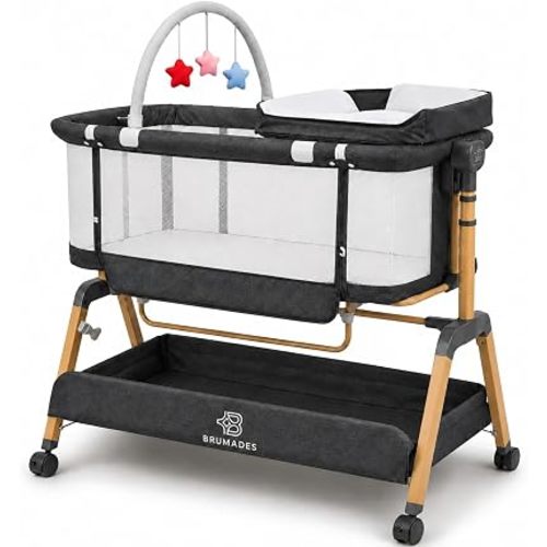 Baby Bassinet Bedside Sleeper 3-in-1 Multifunctional Design, 6 Adjustable Heights, Breathable Mesh Sides, Comfortable Mattress, with Extra Diaper Bed - Mosquito Net and Toy ASTM Certified, Gray