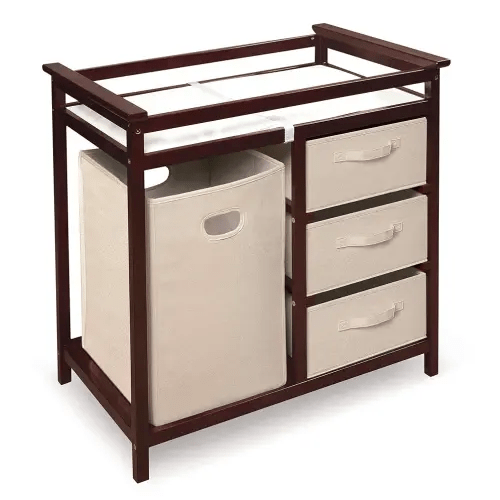 Badger Basket Modern Baby Changing Table with Laundry Hamper, 3 Storage Drawers and Pad, Diaper Change Station - Cherry/Ecru