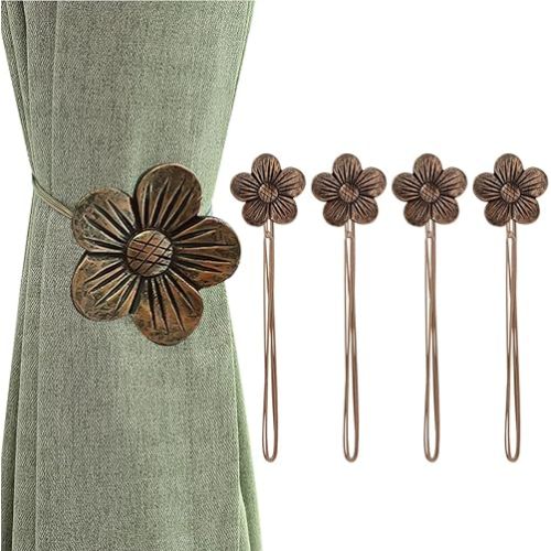 Lewondr Curtain tie Magnetic, 4 Pieces Vintage Resin Flower Curtain Drapery Holdback Window Curtain Decorative Buckle Holder for Home Cafe Balcony - Coffee