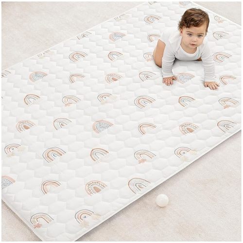 Comfy Cubs Rectangle Kids Play Mat - Small 36 x 60 inches Soft Quilted Baby Floor Mat with Non-Slip Bottom - Plush Design for Toddlers' Playtime - Comfortable and Durable - Rainbow