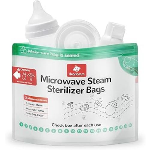 dearlomum Microwave Steam Sterilizer Bag for Baby Bottles 15 Count (20 Uses Per Bag), Reusable Travel Sterilization Pouches, Disinfection Container for Baby Pacifiers and Breast Pump Accessories