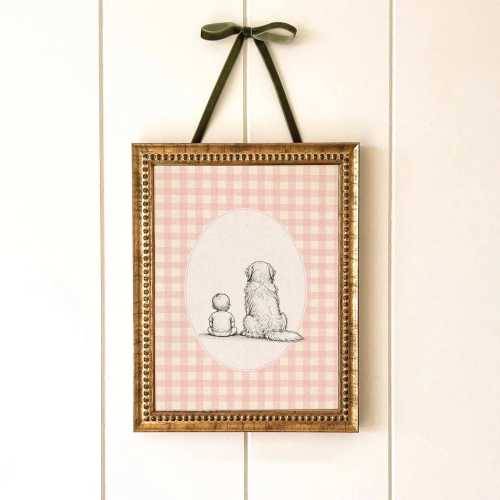 Baby and Dog Nursery Art, Pink Gingham Golden Retriever Poster