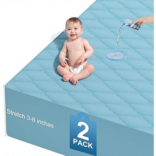 2Pack Waterproof Crib Sheets for Boy, Girl - Cotton 52X28 Fitted Crib Sheets Crib Mattress Protector Sheets,Soft Toddler Bed Sheets,Washable Infant Fitted Baby Bed Sheets (Blue, 52 * 28inch)