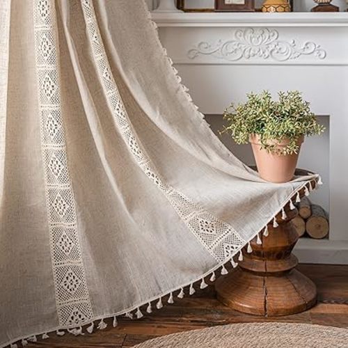 ENJOYBRIDAL Beige Curtains Crochet Lace Patchwork Drapes Curtains 96 Inch Length 2 Panels Tassel Rod Pocket Semi-Sheer Boho Bedroom Living Room Farmhouse Rustic Window Curtain Panels
