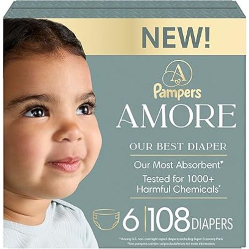 Pampers Amore, Size 6 (23-44 lbs), 108 Count, Our Best Diaper – Hypoallergenic & Fragrance Free, Up to 100% Leakproof, Soft as Cashmere
