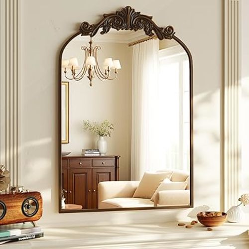 VooBang Vintage Arched Bathroom Mirror, 24x36 Inch Retro Wall Mounted Vanity Mirror with Carved Pattern Top and Metal Frame, Antique Decorative Mirror for Hanging or Leaning