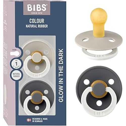 BIBS Colour Night Glow in The Dark Soother 2-Pack, BPA Free Dummy Pacifier, Round Nipple. Natural Rubber Latex, Made in Denmark, Size 1 (0-6 Months), Sand Glow/Iron Glow
