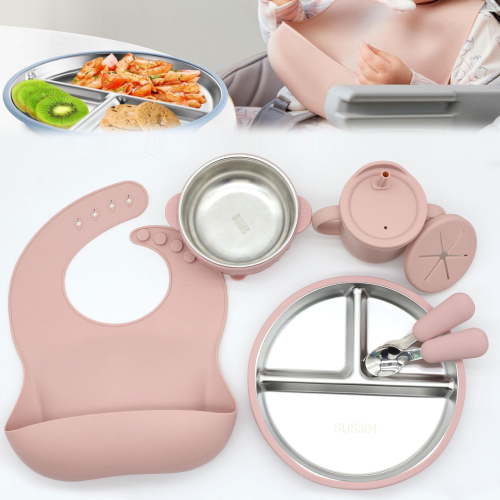 Toddler Plates And Bowls Set,Silicone 304 Stainless Steel Tableware Seven-Piece Set| Baby Led Weaning Supplies Self Feeding Eating Utensils For Toddler Utensils