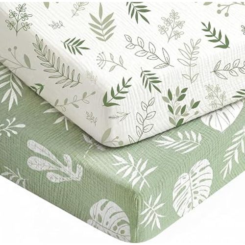 2 Pack Baby Muslin Crib Sheets for Boys Girls 52" x 28" (Green Leaf)