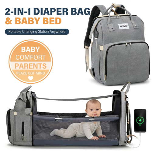 Baby Diaper Bag Backpack - Multifunctional Baby Changing Bag with USB Charging Port, Large Capacity Waterproof Travel Diaper Backpack with Changing Station (Gray)