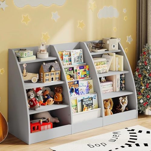 4 Tier Kids Bookshelf, 4 Layer Sling Kids Book Shelf for Kids Rooms, XXL Wood Children Bookcase,Baby Storage Book Rack,Toddler Bookshelf, Book and Toy Organizer,Book Display Shelf for Bedroom, Nursery
