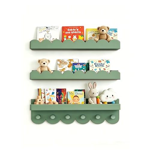 Nursery Book Shelves with Hooks, Scalloped Shelves for Bedroom Set of 3, Kids Bookshelf for Wall, 16Inches, Sage