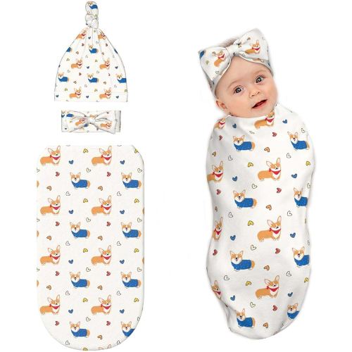 Dog Corgi Baby Stuff Newborn Swaddle Blanket with Beanie Hat