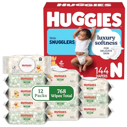 Huggies Little Snugglers Baby Diapers with Huggies Natural Care Sensitive Baby Wipes, Newborn (up to 10 lbs), 144 Diapers & 768 Wipes, Packaging May Vary