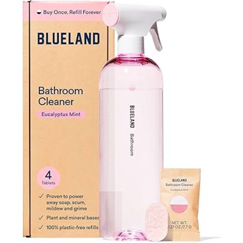 BLUELAND Bathroom Cleaner, Starter Set, Eucalyptus Mint Scent, Spray Bottle with 4 Refill Tablets, Eco-Friendly Cleaning Supplies, 4 x 24 Fl oz