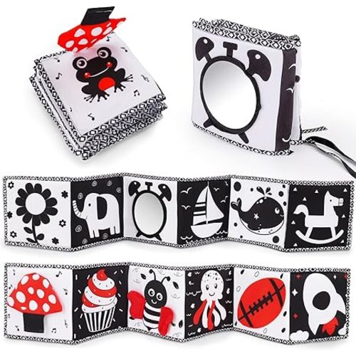 Black and White High Contrast Toys for Baby 0-3 3-6 months Infant Tummy Time Soft Book Sensory Musical Toy 0-2-4-6 month Babies Brain Development Montessori Crinkle Book Mirror Newborn Shower Gifts