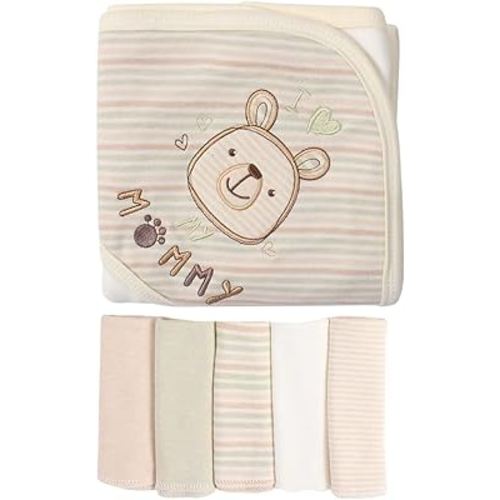 Smluckyg 6 Pack Baby Hooded Towel and Washcloths Set, Premium Ultra Soft Reusable Organic Cotton Baby Bath Towel for Infant and Toddler, Unisex Babies' Gifts (M (Pack of 6), Multicolor - M)