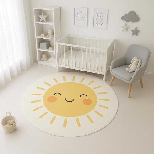Smiling Sun Round Rug: Nursery Kids Play Mat, Washable Polyester