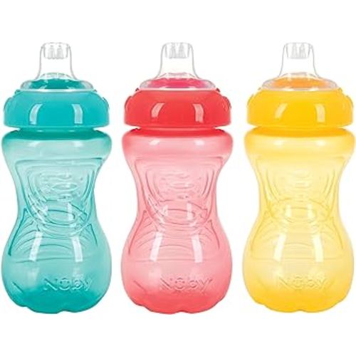 Nuby 3 Pack No Spill Toddler Sippy Cups - Toddler Cups Spill Proof with Easy and Firm Grip - Aqua, Coral, Yellow