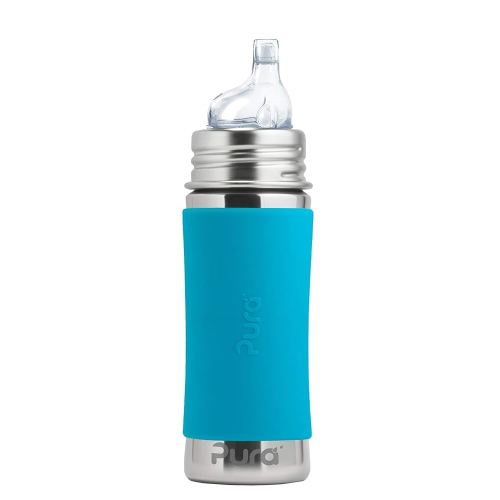 Pura Kiki 11oz/325ml Stainless Steel Sippy Cup Bottle w/Sleeve, Plastic-Free, MadeSafe Certified, Medical-Grade XL Silicone Sipper Spout Fast Flow Rate for Kids, Toddlers, Babies & Infant - Aqua