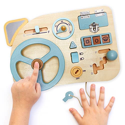 LA·LA · LLAMA Montessori Toy Steering Wheel - Car Driving Toddler Busy Board - Wooden Sensory Activity Board for Kids 3 4 Year Old - Fine Motor Skills Toddler Toys for Boys Girls