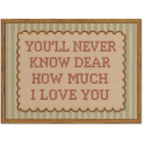 Framed You'll Never Know Dear How Much I Love You Wall Art, Vintage Nursery Pink Green Striped Pictures Wall Decor, Inspirational Quote Paintings Canvas Prints for Girl Bedroom Living Room 12x16 inch