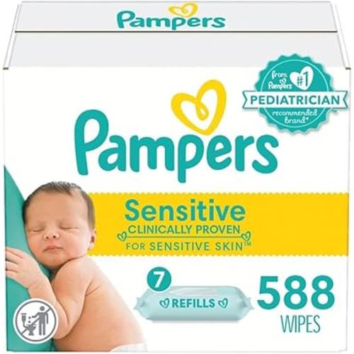 Pampers Sensitive Baby Wipes - Refill Packs, 588 Count, Water Based, Hypoallergenic and Unscented (Packaging May Vary)