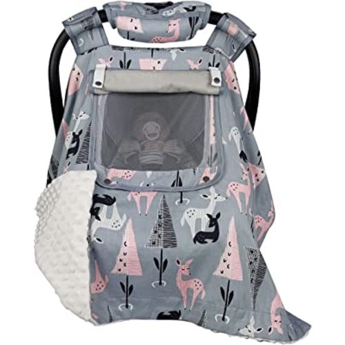 ICOPUCA Car Seat Covers for Babies Unisex Newborn, Carseat Cover Girls/boy with Handle Cushion, Suit Spring Autumn Winter, Deer, Cotton & White Minky;