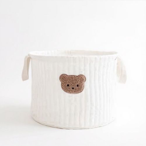 Anna-Kaci Soft Fabric Storage Basket with Embroidered Teddy Bear Design and Side Handles - WhiteA