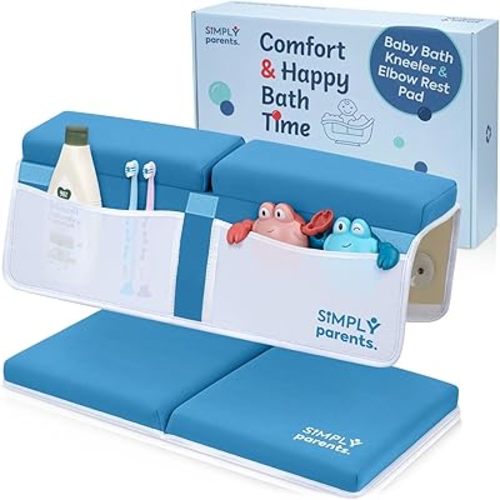Simply Parents Comfortable Baby Bath Kneeler and Elbow Rest Pad Set - Quick-Dry Non-Slip Bath Kneeling Pad for Bathing Baby, Baby Bath Time Essentials for Newborn, Baby Bath Accessories for Tub, Blue