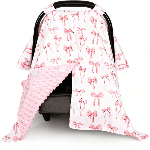 LADYGYM Baby Car Seat Cover,Minky Carseat Cover Baby Girl,Peekaboo Opening Infant Car Seat Cover,Warm Baby Car Seat Canopy for Winter Warm Car Seat Cover Baby,Pink Bow