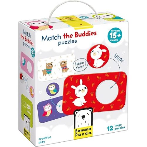 Banana Panda Match The Buddies Toddler Puzzles - Beginner Puzzles Set & Matching Activity with 12 Large 2-Piece Puzzles for Early Learning and Motor Skills Development, for Kids Ages 15 Months & up