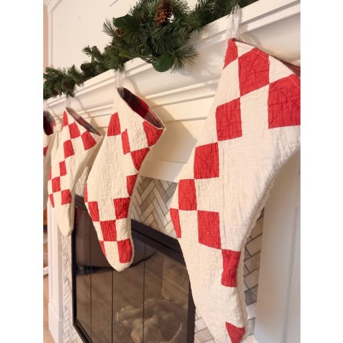 Heirloom Christmas Stockings from early 1900s vintage quilt - nostalgic Christmas, price per stocking, red and white Christmas decor