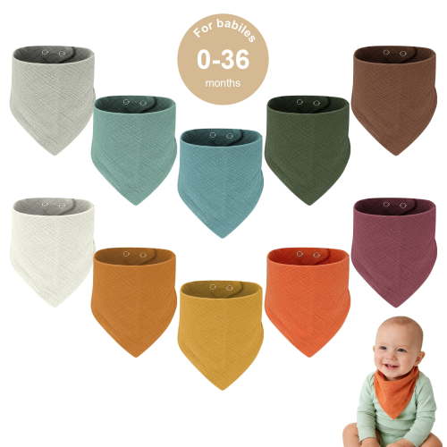 Qissep 10 Pack Muslin Baby Bibs, 100% Cotton Extra Absorbent & Soft Unisex Baby Bibs for Baby Girl & Boy, Drooling Newborn, Teething Toddler, Infant 0-36 Months