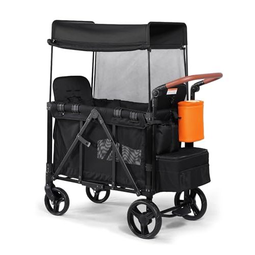 Stroller Wagon with Adjustable Handle Includes Canopy & Organizer, Foldable and Convenient for Storage (Black)