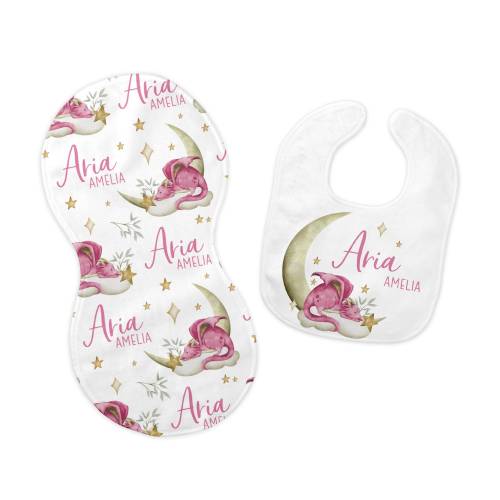 Girl Dragon Bib and Burp Cloth Set, Dragon Bib, Dragon Burp Cloth, Dragon Nursery, Personalized Dragon Bib and Burp Set B49