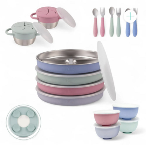 Stainless Steel Mealtime Bundle | Sucton Sleeves | Plates, Bowls, Snack Cups + Toddler Utensils | 16 Pcs | Blush/Lilac/Sage/MistyBlue