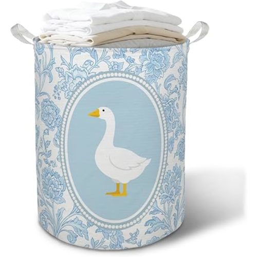 Blue Chinoiserie Goose Floral Laundry Basket Hamper,Grandmillennial Flower Goose Foldable Clothes Toys Books Storage Box Bins Baskets Organizer for Girls Nursery Bedroom Bathroom