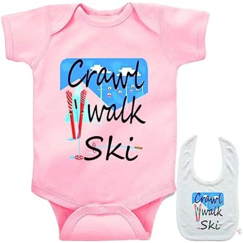 Crawl Walk Ski -Cute Snow Skiing winter sports Baby bodysuit onesie & bib Set
