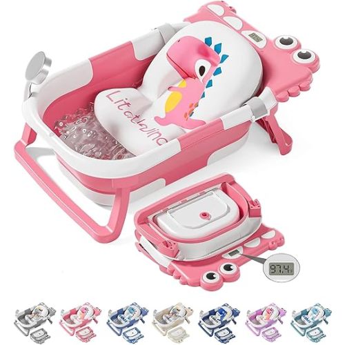TPN Collapsible Baby Bathtub, Baby Bath Tub with Soft Cushion & Real-Time Thermometer, Baby Bathtub Infant to Toddler Tub (0-36 Months), Portable Newborn Travel Bath tub