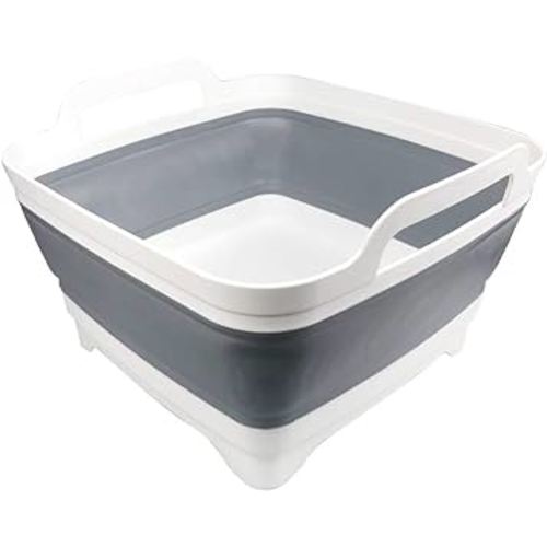ddLUCK Dish Basin Collapsible with Drain Plug Carry Handles for 9L Large Capacity, Washing Basin, Collapsible Dish Tub for RV Sink, Vegetable, Fruit, Food Sink Strainer Dish Washing Tub - Gray