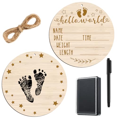 Thyle Baby Announcement Wooden Name Sign for Hospital Birth Double Sided Newborn Welcome Sign with Marker Pen and Ink Pad for Baby Shower Hand Footprints(Round)